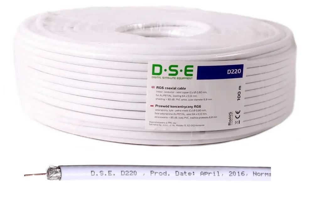 Kabel DSE D220 RG6 CU 100m/rolka 0,80mm CU / 64x0,12mm