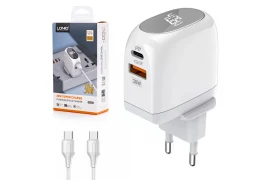 Ładowarka sieciowa USB z wyświetlaczem 30W PD + kabel USB-C / USB-C Szybkie Ładowanie LDNIO A2522C