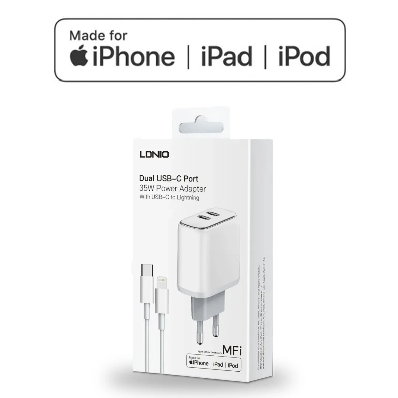 Leistungsstarkes 35W MFi-zertifiziertes Dual USB-C Ladegerät mit USB-C auf Lightning Kabel für schnelles Laden von iPhone, iPad, iPod