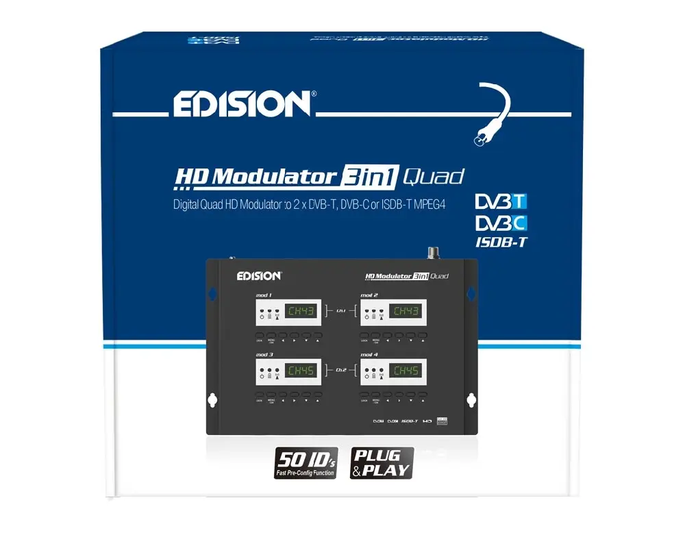 Modulator czterokanałowy 4x HDMI do 2x DVB-T/C/ISDB-T (2x MUX) EDISION 3w1 QUAD