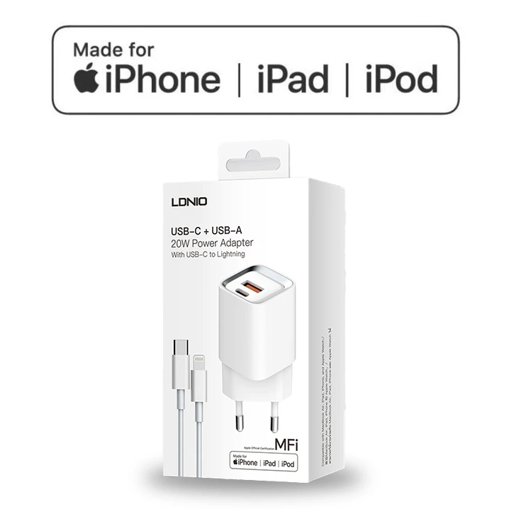 USB-C USB-A 20W MFi-zertifiziertes Schnellladegerät mit USB-C-auf-Lightning-Kabel für schnelles Laden von iPhone, iPad, iPod