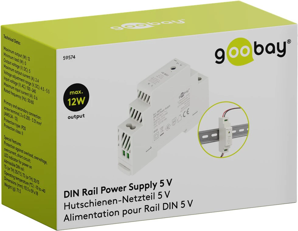 Zasilacz na szynę DIN Goobay 5V 2,4A 12W IP20 transformator 230V na 5V